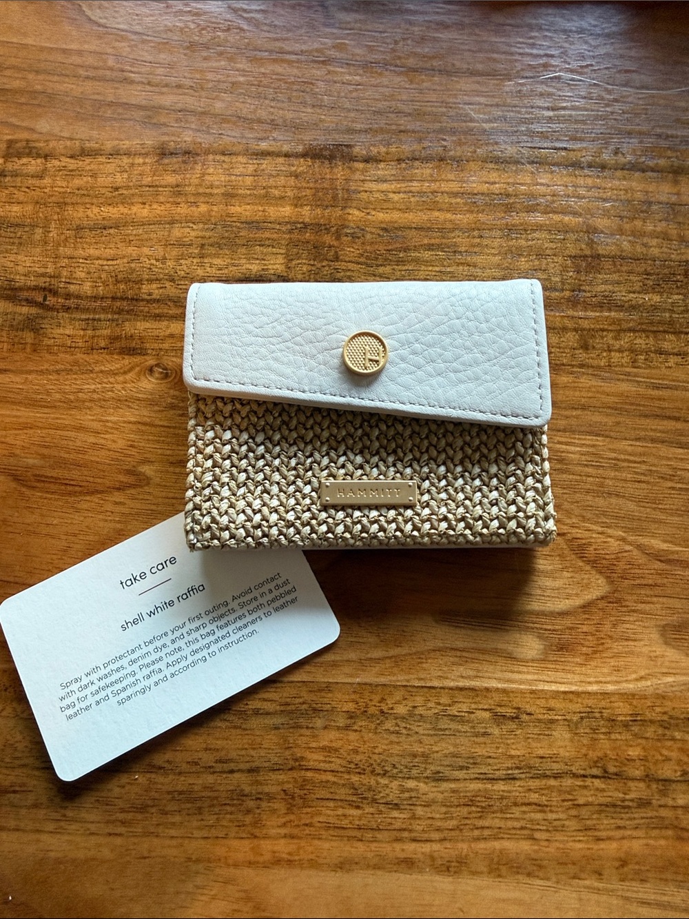 NWT Hammitt Shell White Raffia Montana Pocket Fold Wallet with Gold Accent